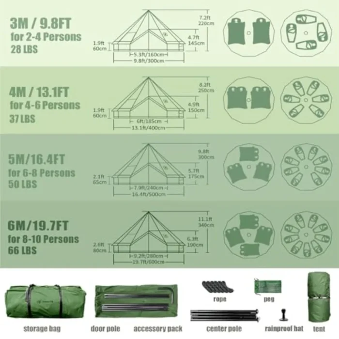 100% Cotton Canvas Bell Tent with Stove Jack, Waterproof 4-Season Family Glamping Shelter - Image 7